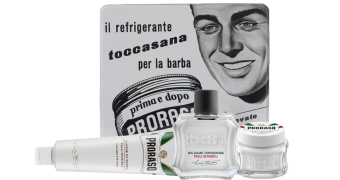 proraso toccasana tin with shave cream, pre shave cream, and after shave balm