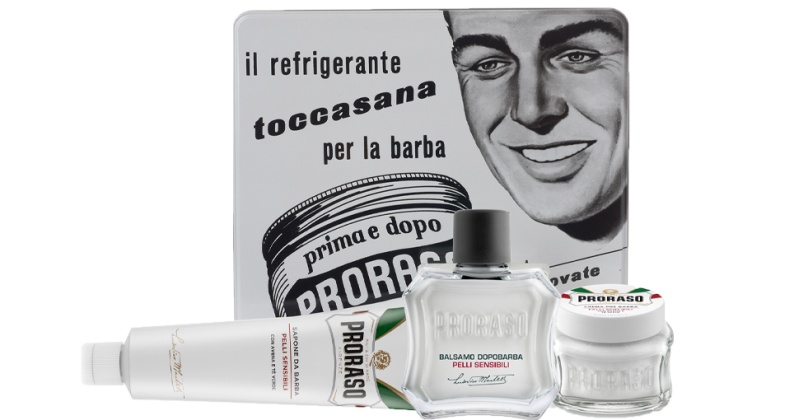 proraso toccasana tin with shave cream, pre shave cream, and after shave balm