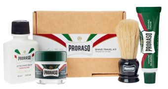 Proraso Travel Shave Kit featuring Refresh Pre-Shave Cream, Refresh Shave Cream Tube, Sensitive After Shave Balm and mini shave brush