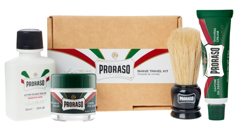 Proraso Travel Shave Kit featuring Refresh Pre-Shave Cream, Refresh Shave Cream Tube, Sensitive After Shave Balm and mini shave brush